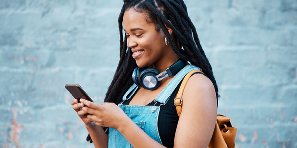 Woman smiling while using online banking